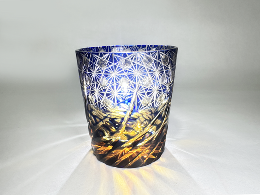 Masterpiece Edo Kiriko Glass: Cobalt Blue & Amber Whiskey Tumbler with Traditional Cutwork 江戸切子 名品:青・琥珀色被せガラス 伝統文様カットグラス