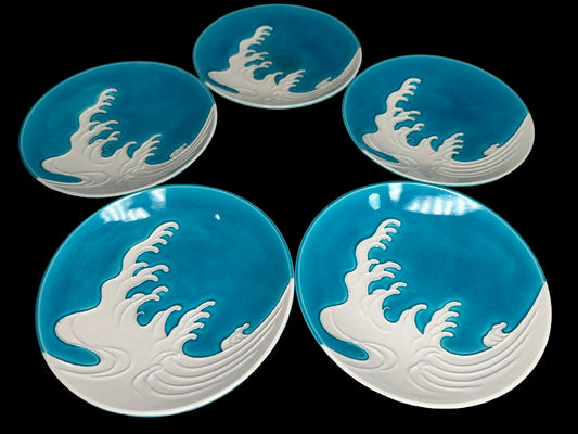 100 years oid Azure Waves: Kochiyaki Plates by Eiraku Zengoro 千家十職「永楽善五郎」 交趾波紋皿(5枚)