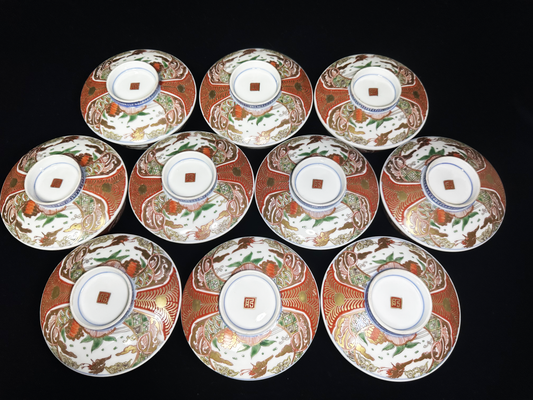 Set of Ten Antique Imari Ware (Ko-Imari Style) Lidded Bowls — Est. 150-200 Years Old — Flying Bird & Kinrande Design　古伊万里様式：鳥文様・金襴手 蓋付茶碗 8客
