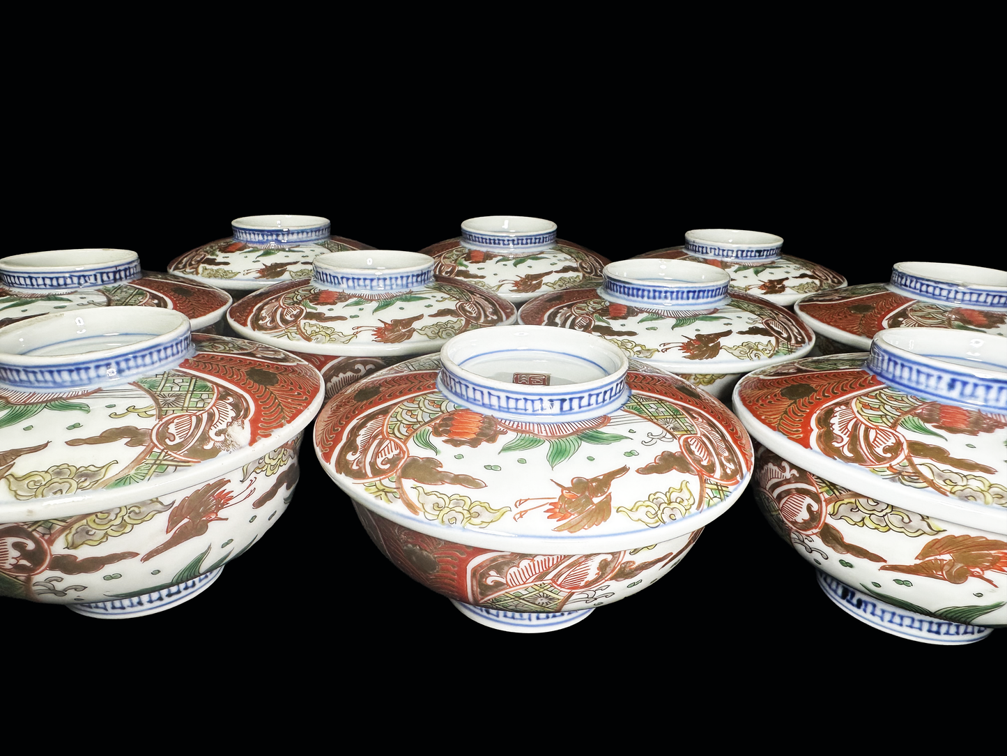 Set of Ten Antique Imari Ware (Ko-Imari Style) Lidded Bowls — Est. 150-200 Years Old — Flying Bird & Kinrande Design　古伊万里様式：鳥文様・金襴手 蓋付茶碗 8客