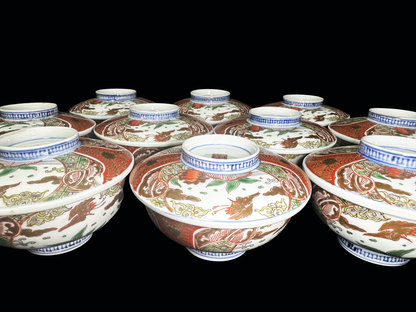 Set of Ten Antique Imari Ware (Ko-Imari Style) Lidded Bowls — Est. 150-200 Years Old — Flying Bird & Kinrande Design　古伊万里様式：鳥文様・金襴手 蓋付茶碗 8客