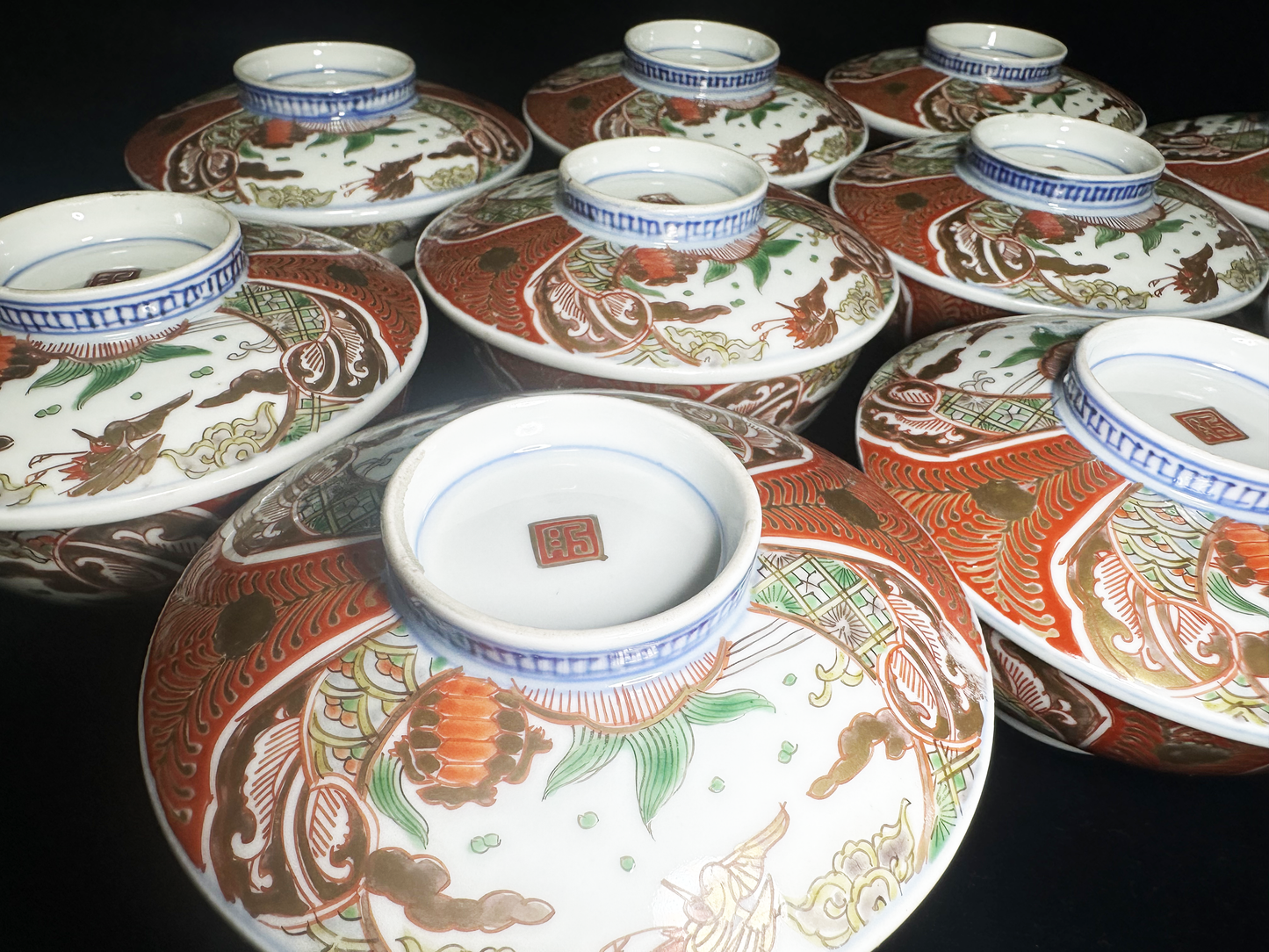 Set of Ten Antique Imari Ware (Ko-Imari Style) Lidded Bowls — Est. 150-200 Years Old — Flying Bird & Kinrande Design　古伊万里様式：鳥文様・金襴手 蓋付茶碗 8客