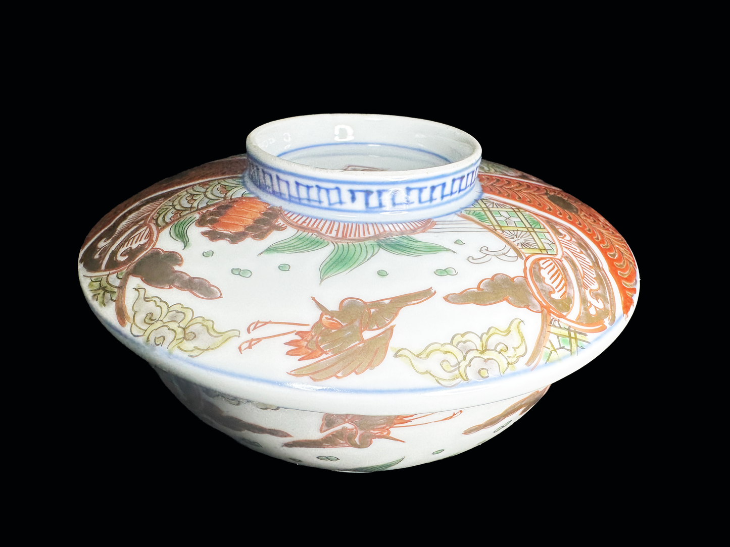 Set of Ten Antique Imari Ware (Ko-Imari Style) Lidded Bowls — Est. 150-200 Years Old — Flying Bird & Kinrande Design　古伊万里様式：鳥文様・金襴手 蓋付茶碗 8客