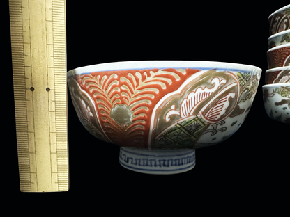 Set of Ten Antique Imari Ware (Ko-Imari Style) Lidded Bowls — Est. 150-200 Years Old — Flying Bird & Kinrande Design　古伊万里様式：鳥文様・金襴手 蓋付茶碗 8客