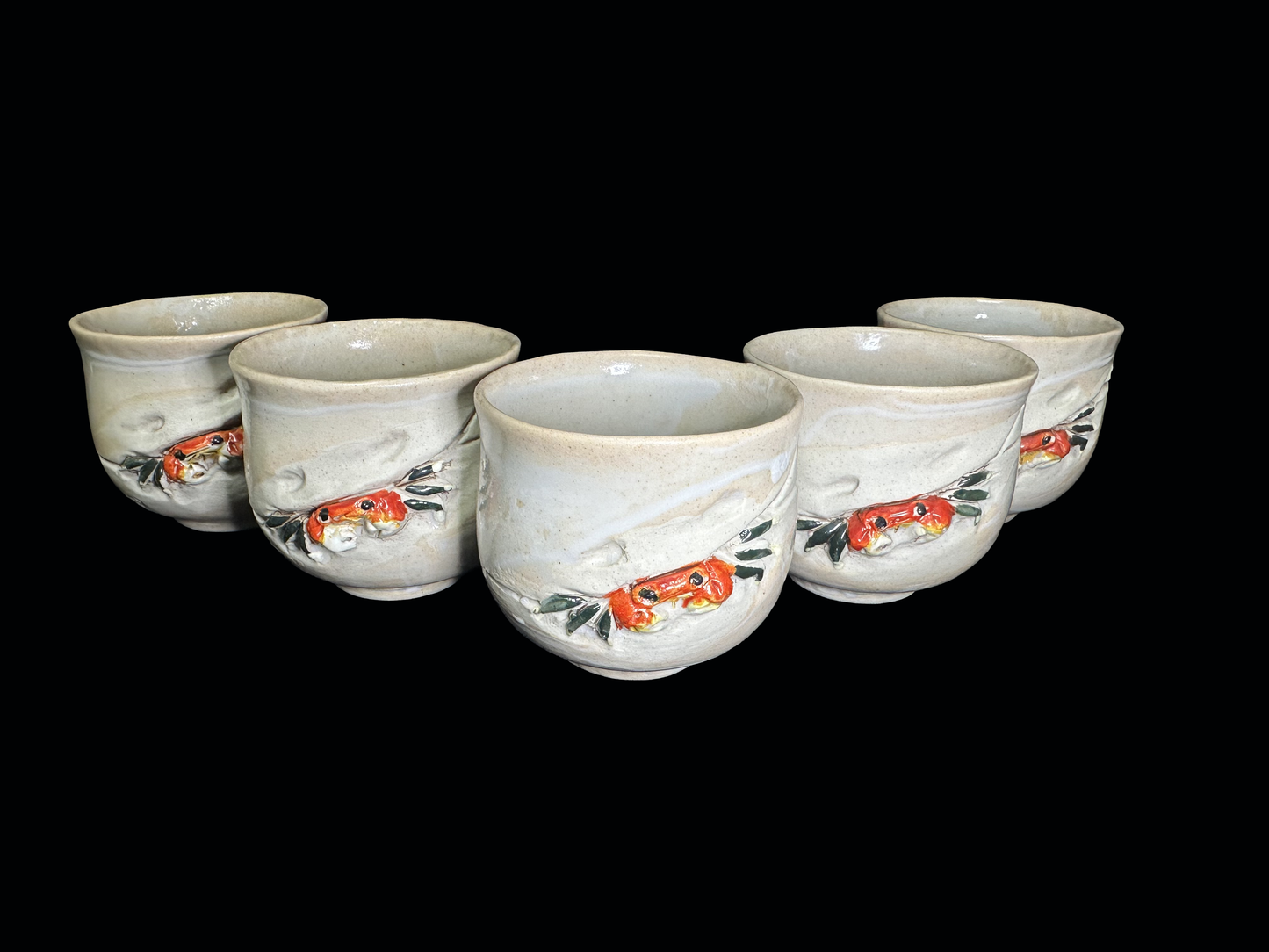 Jusuien (寿水園) Hand-Sculpted Tea Cups (Yunomi) - Set of Five with Realistic Crab Motif　寿水作 蟹細工 湯呑み 五客揃