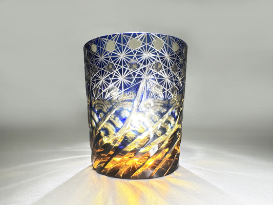 Masterpiece Edo Kiriko Glass: Cobalt Blue & Amber Whiskey Tumbler with Traditional Cutwork　江戸切子 名品：青・琥珀色被せガラス 伝統文様カットグラス