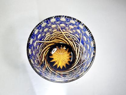 Masterpiece Edo Kiriko Glass: Cobalt Blue & Amber Whiskey Tumbler with Traditional Cutwork　江戸切子 名品：青・琥珀色被せガラス 伝統文様カットグラス