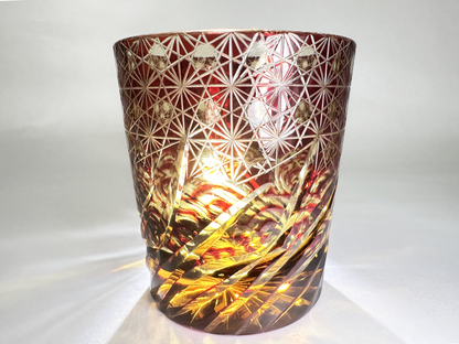 Masterpiece Edo Kiriko Glass: Ruby Red & Amber Tumbler with Traditional Hand-Cutwork　江戸切子 名品：ルビーレッド・琥珀色被せガラス 伝統文様カットグラス