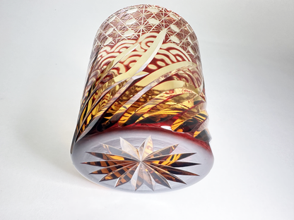 Masterpiece Edo Kiriko Glass: Ruby Red & Amber Tumbler with Traditional Hand-Cutwork　江戸切子 名品：ルビーレッド・琥珀色被せガラス 伝統文様カットグラス