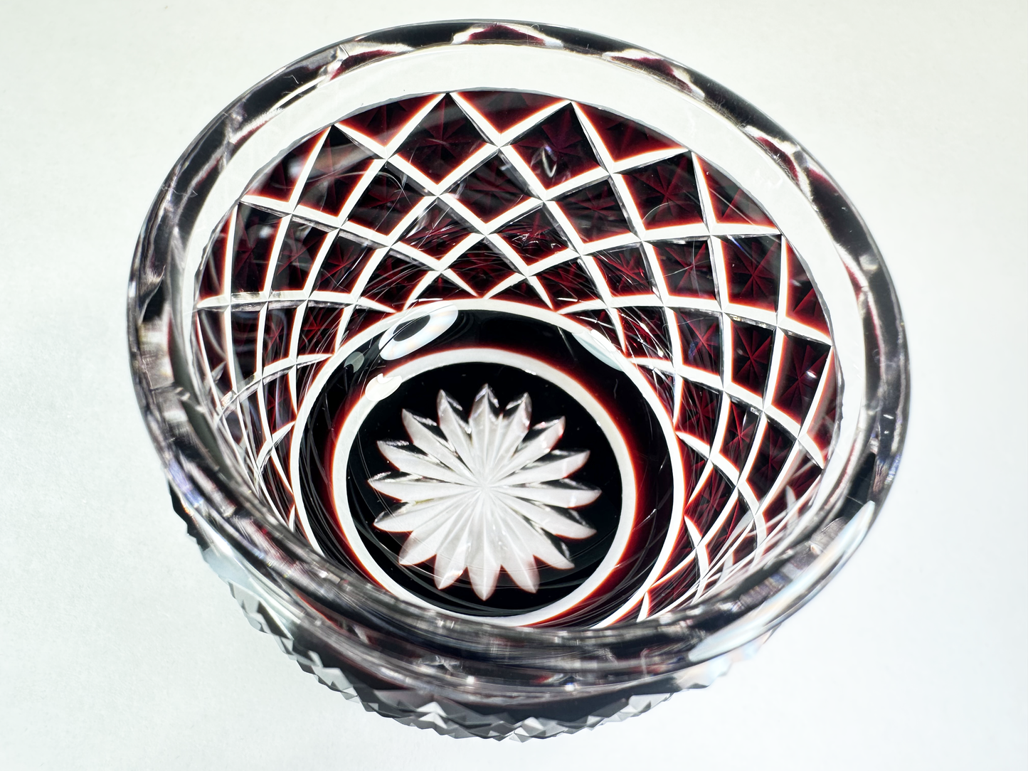 Authentic Satsuma Kiriko Sake Cup (Guinomi): Ruby Red Diamond Cut 　薩摩切子 ぐい呑み：深い赤