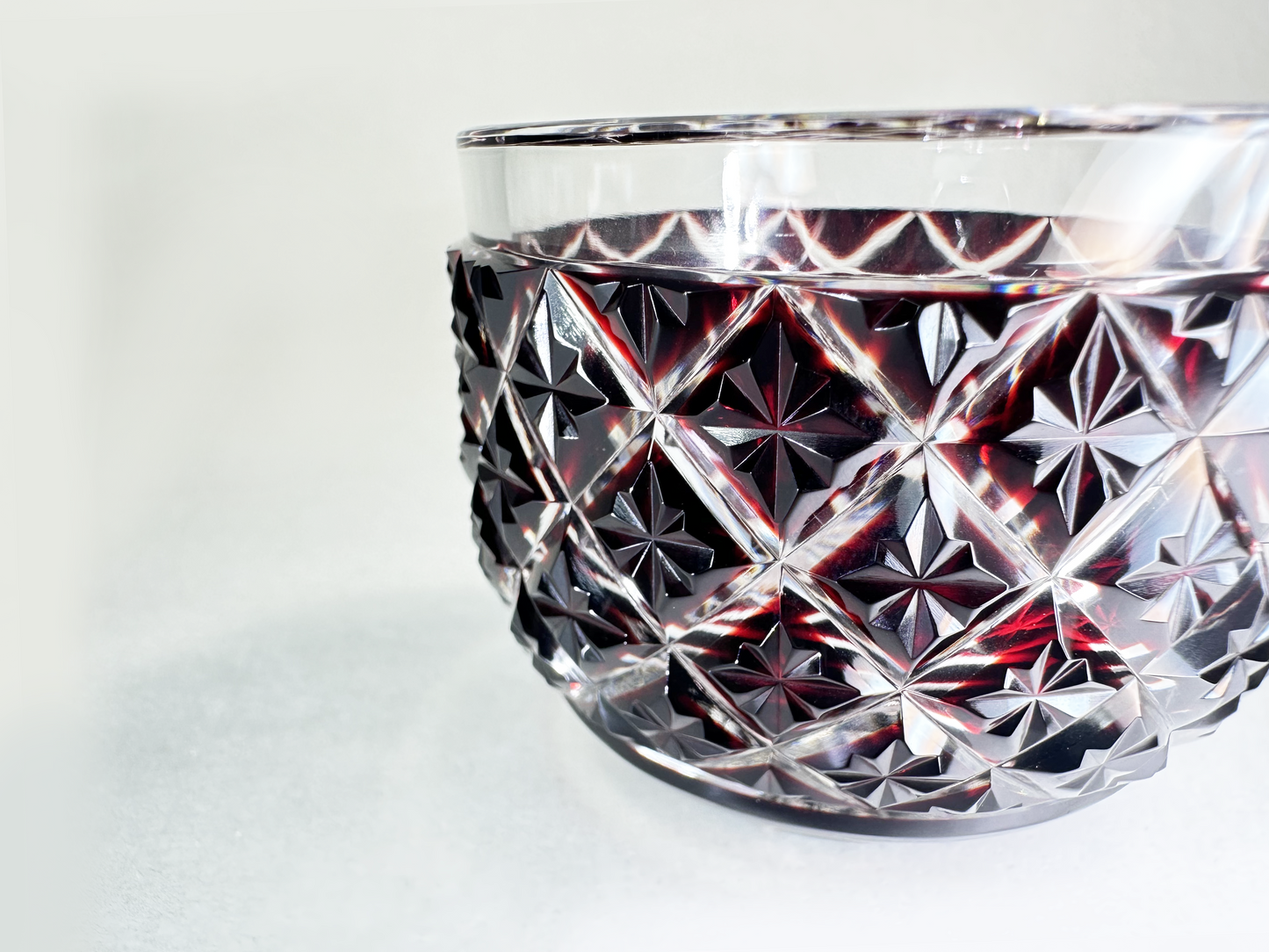 Authentic Satsuma Kiriko Sake Cup (Guinomi): Ruby Red Diamond Cut 　薩摩切子 ぐい呑み：深い赤
