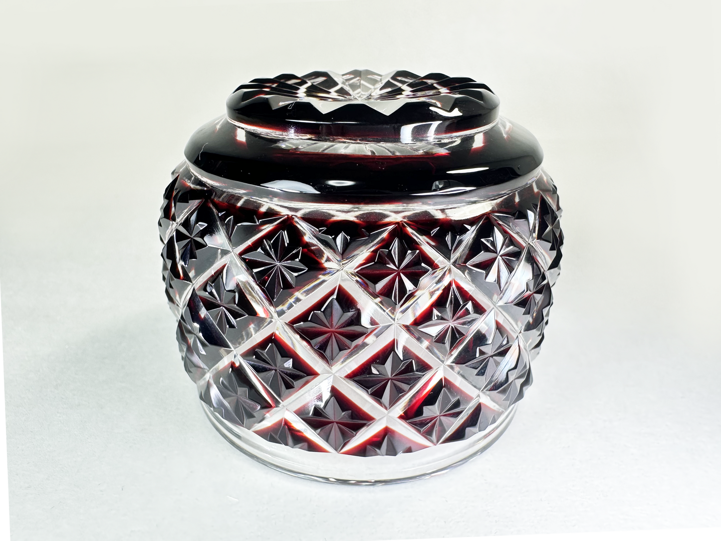 Authentic Satsuma Kiriko Sake Cup (Guinomi): Ruby Red Diamond Cut 　薩摩切子 ぐい呑み：深い赤