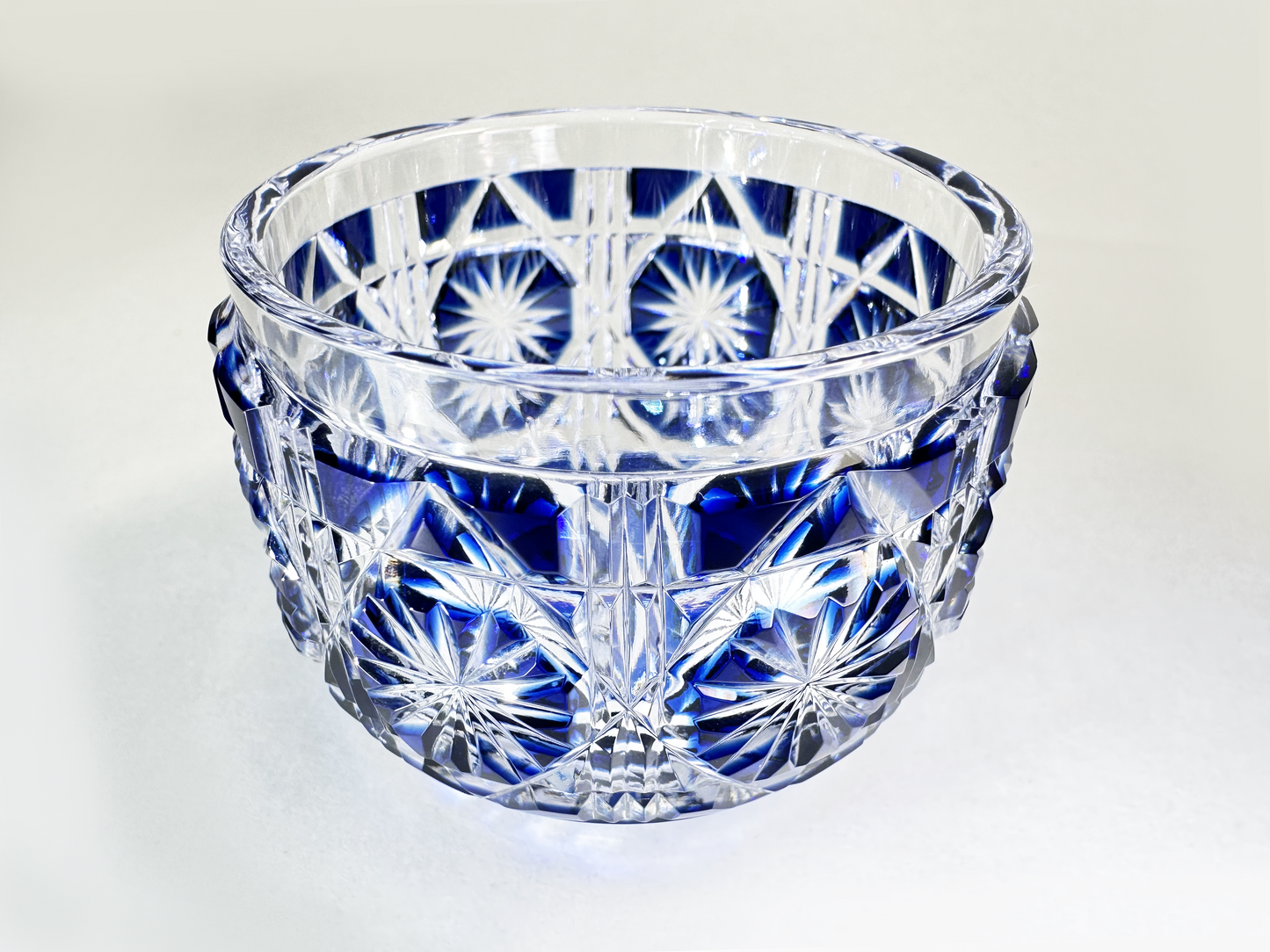Authentic Satsuma Kiriko Sake Cup (Guinomi): Deep Cobalt Blue Diamond Cut — Bold & Brilliant　薩摩切子 ぐい呑み：濃紺