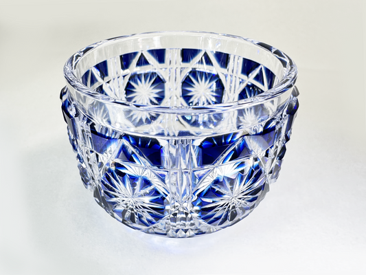 Authentic Satsuma Kiriko Sake Cup (Guinomi): Deep Cobalt Blue Diamond Cut — Bold & Brilliant　薩摩切子 ぐい呑み：濃紺