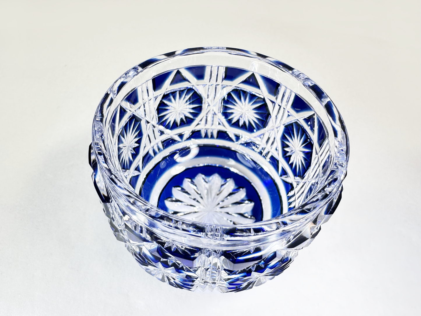 Authentic Satsuma Kiriko Sake Cup (Guinomi): Deep Cobalt Blue Diamond Cut — Bold & Brilliant　薩摩切子 ぐい呑み：濃紺