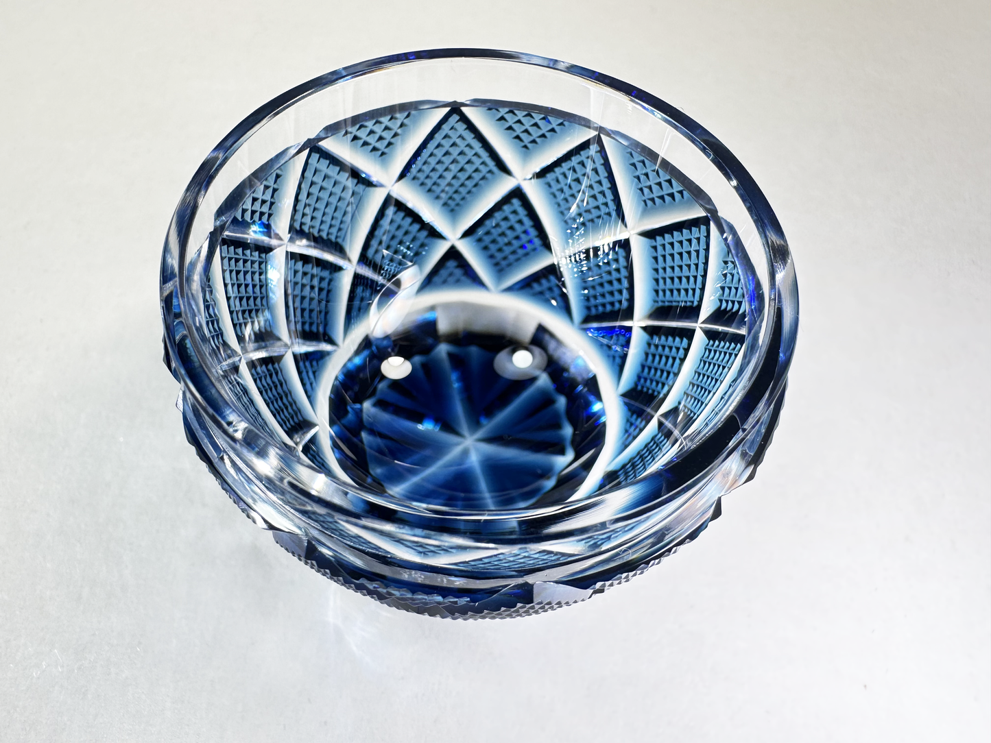 Authentic Satsuma Kiriko Sake Cup (Ochoko/Guinomi): Deep Blue Diamond Cut — Traditional & Luxurious　薩摩切子 お猪口/ぐい呑み：濃紺　伝統と贅沢な輝き