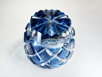 Authentic Satsuma Kiriko Sake Cup (Ochoko/Guinomi): Deep Blue Diamond Cut — Traditional & Luxurious　薩摩切子 お猪口/ぐい呑み：濃紺　伝統と贅沢な輝き